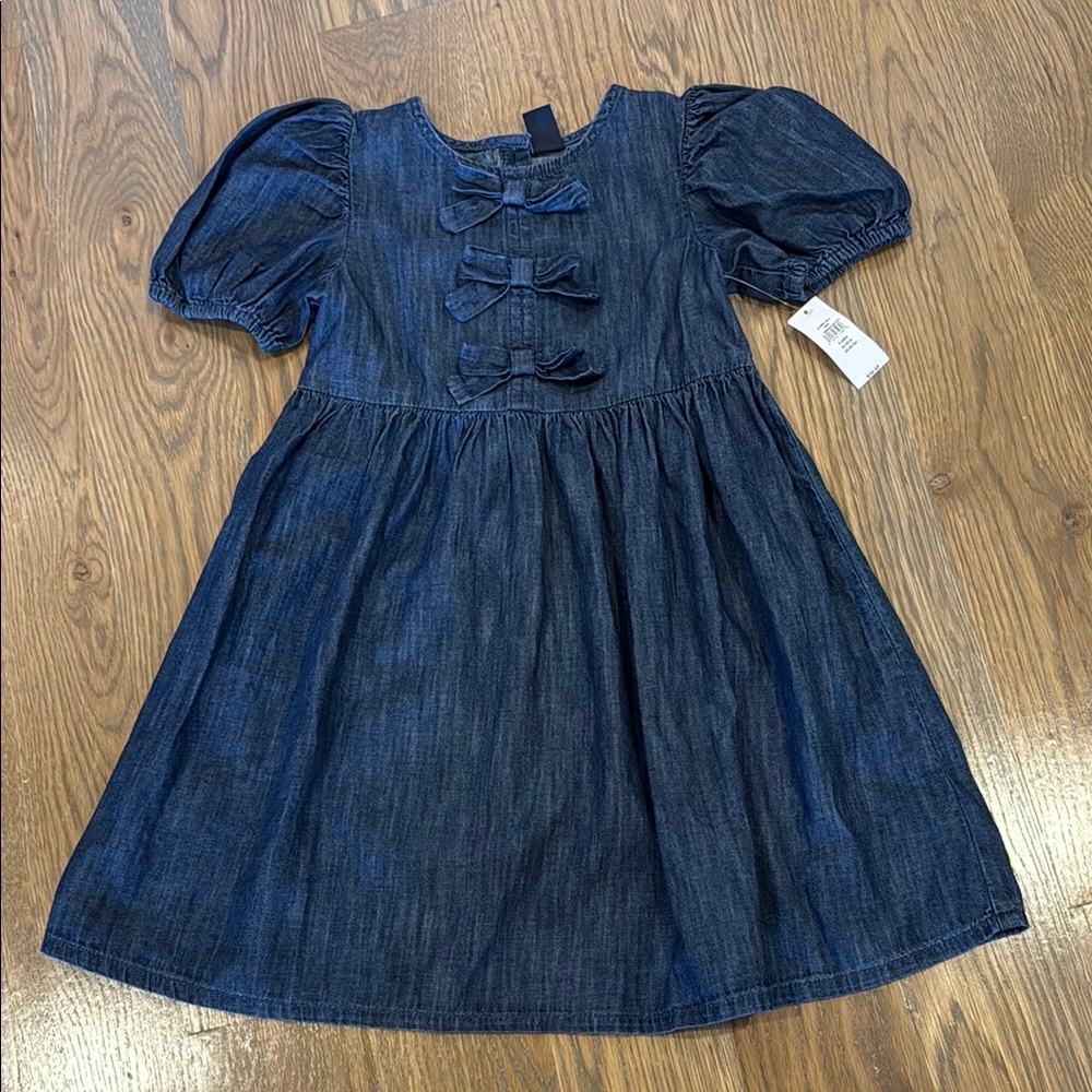 Girls' Navy Denim Puff-Sleeve Dress with Bows